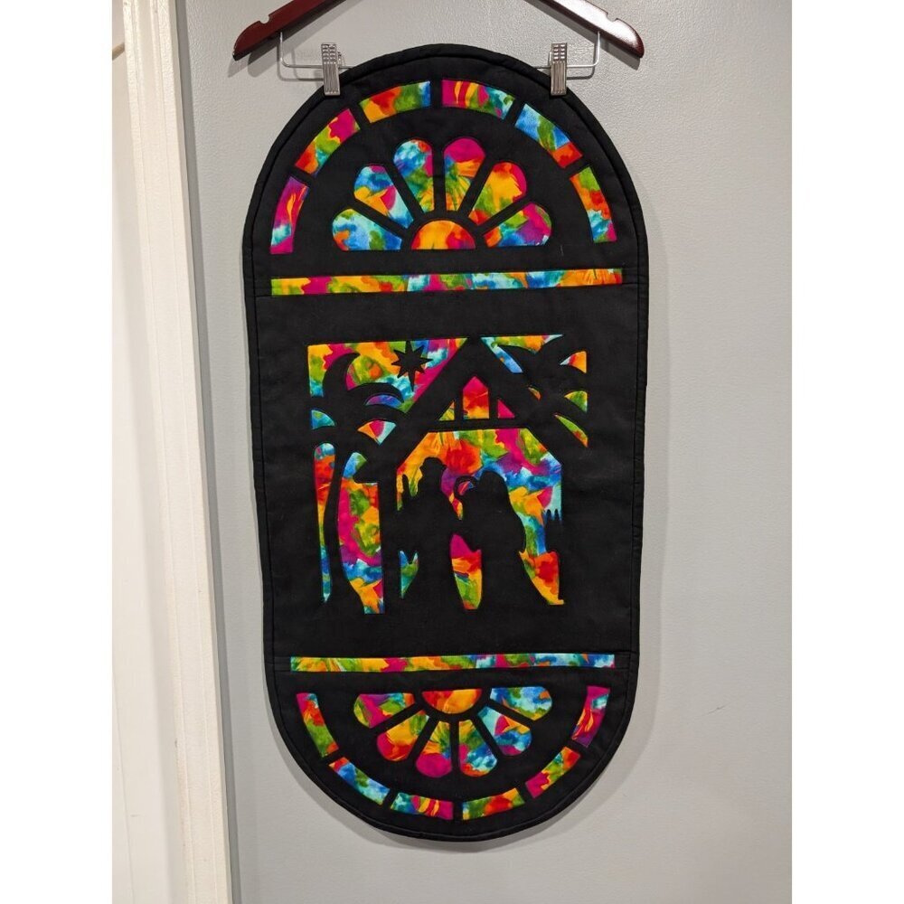 Nativity Table-Runner Wall Hanging Stained Glass Look Christmas Colorful 38x18 - Picture 2 of 14